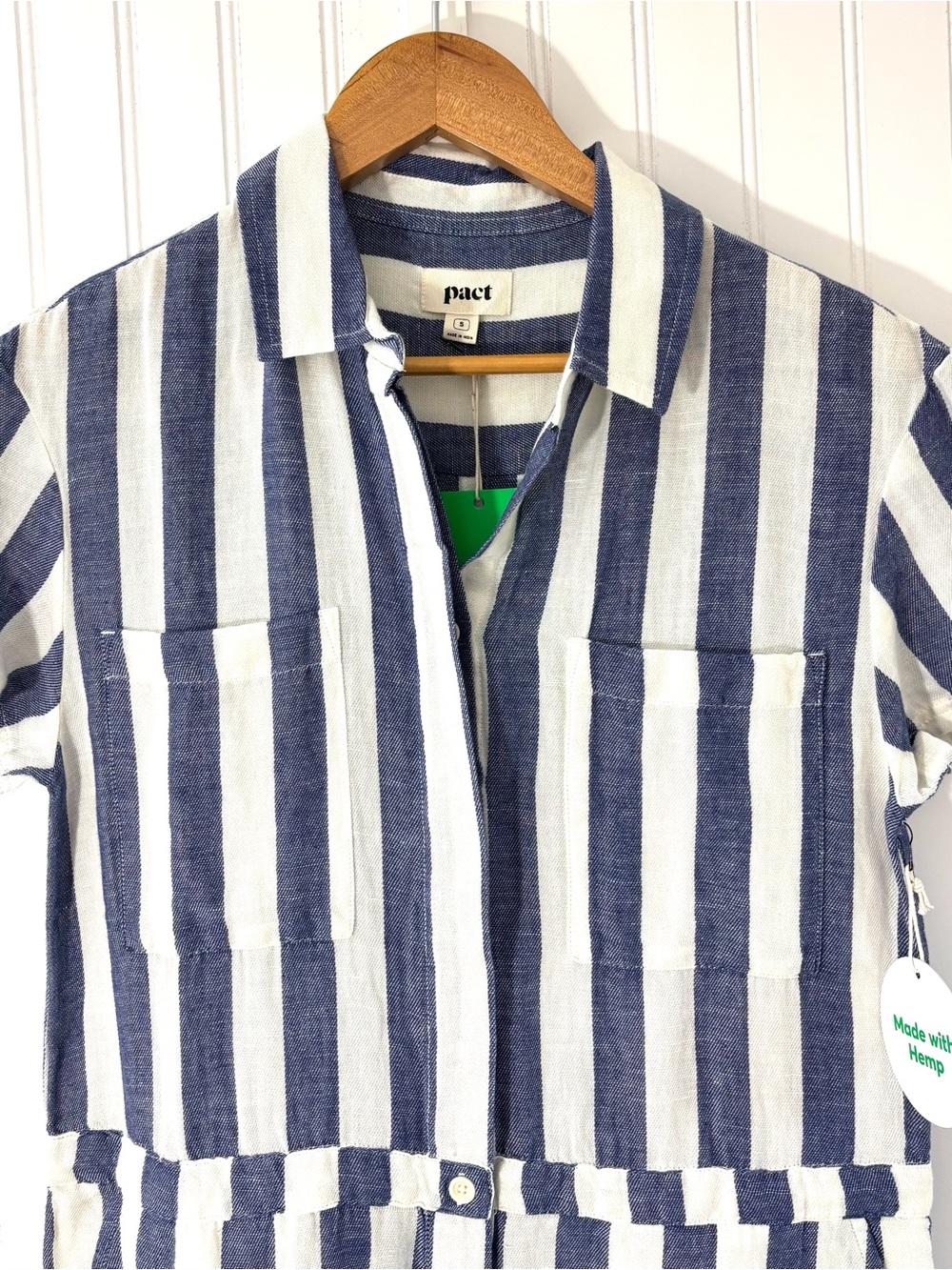 PACT The Harbour Organic Cotton Hemp Blue Stripe Romper Shorts NWT Small - Picture 4 of 14